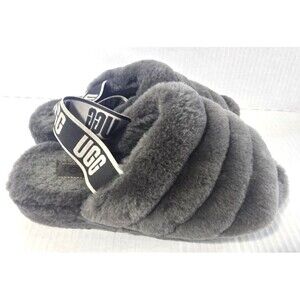 UGG Fluff Yeah Fur Slide Slippers Gray Shearling Fuzzy Sandals Women’s Size 7
